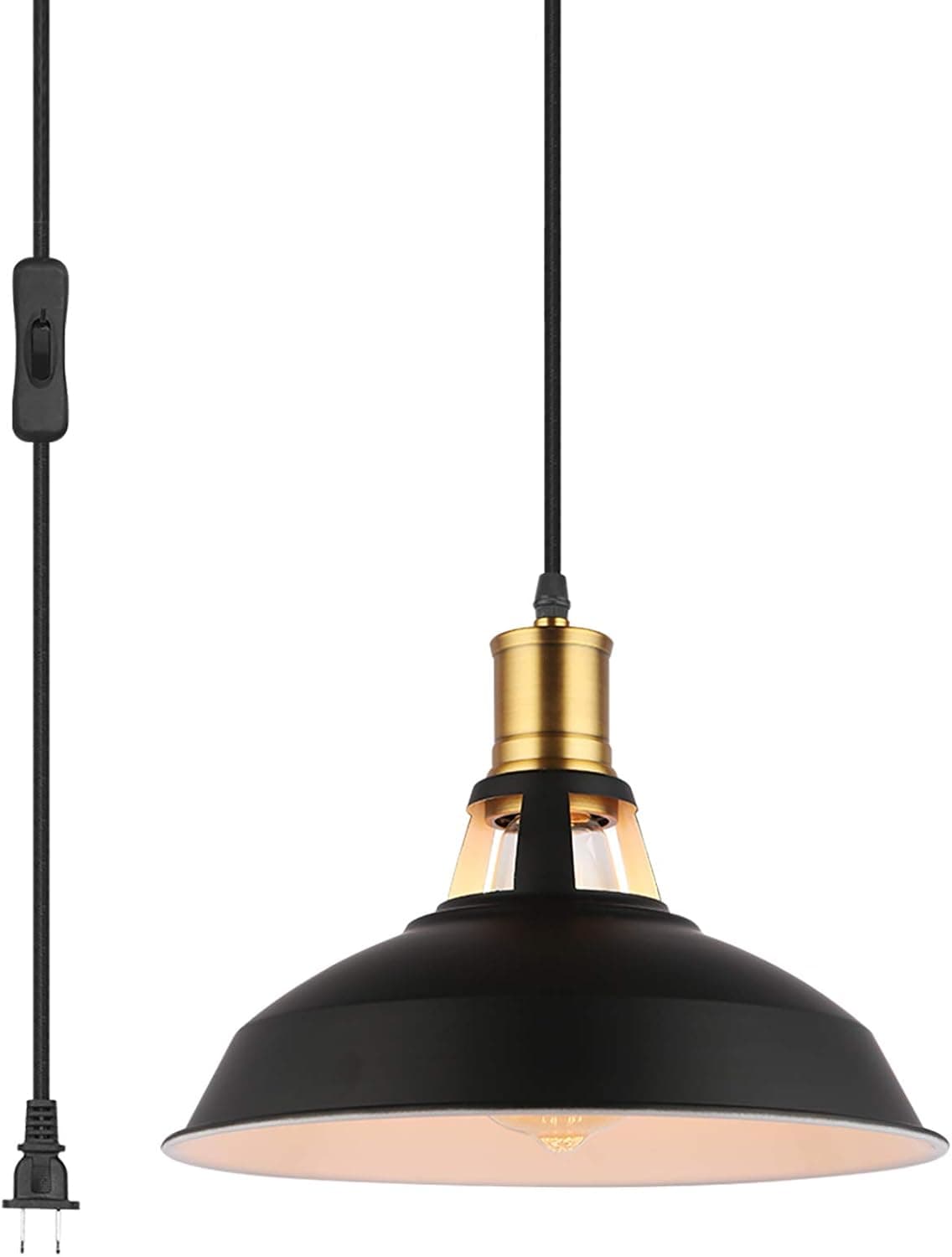 EE Eleven Master Chandeliers Pendant Light with Plug in 15Ft Braided Cord and Switch Rustic Hanging Lamp with Metal Shade Vintage Swag Lighting for Kitchen Island Dining Room Counter (BLACK-10.63")