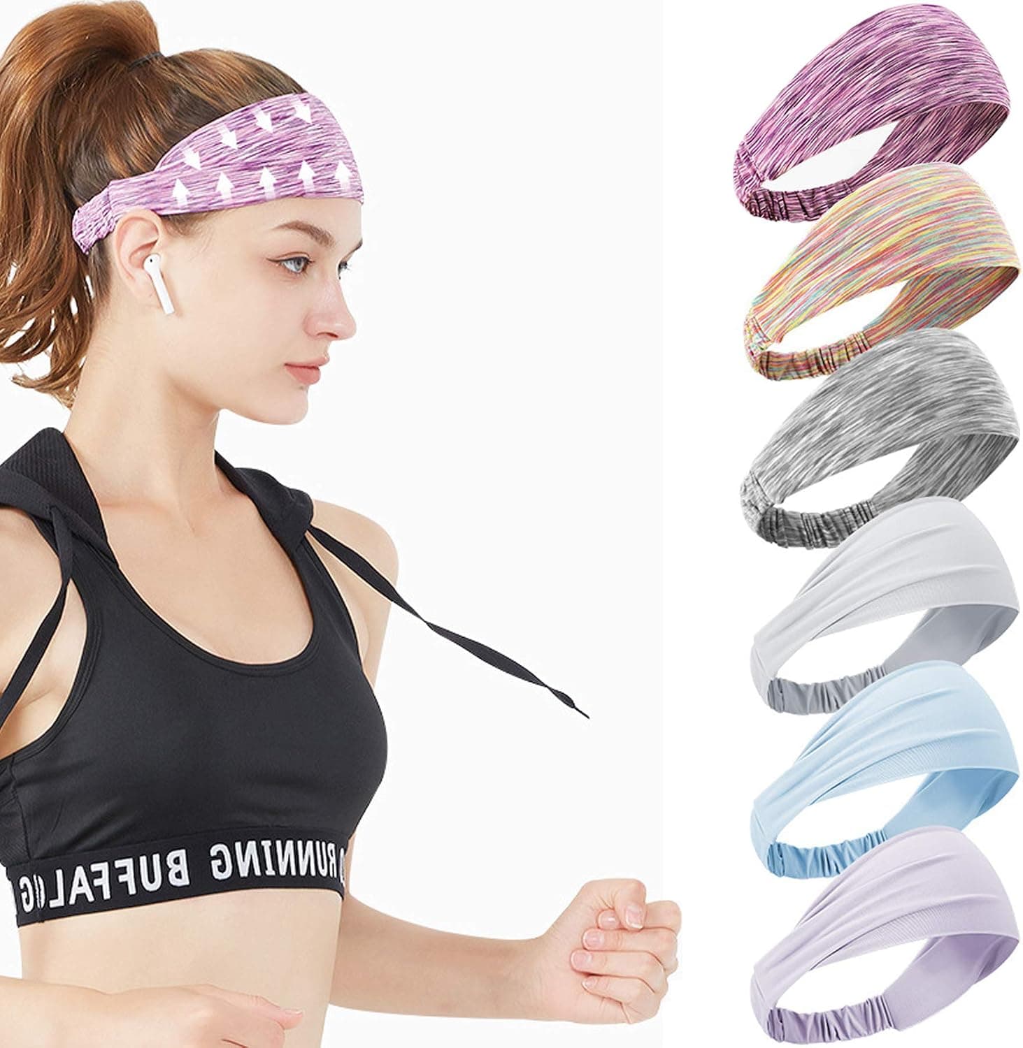 KOMOREBI Yoga Headbands for Women,Running Workout Fitness Elastic Wide Hair Bands,Stretchy Sweatband Vintage Hair Accessories(Pack of 6)