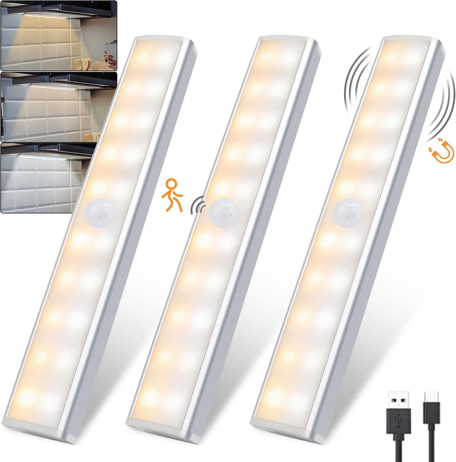 lexall 3 Pack LED Motion Sensor Lights, Rechargeable LED Closet Lights, Stick-On, Magnetic Night Light Bar, Led Safe Light Indoor for Closet Stairs Wardrobe