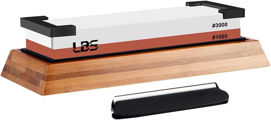LBS Premium Whetstone,1000/3000 Dual Side Knife Sharpening Stone,Multipurpose Waterstone | HQ Whetstone Sharpener | Non-slip Bamboo Base&Angle Guide (White,Red)