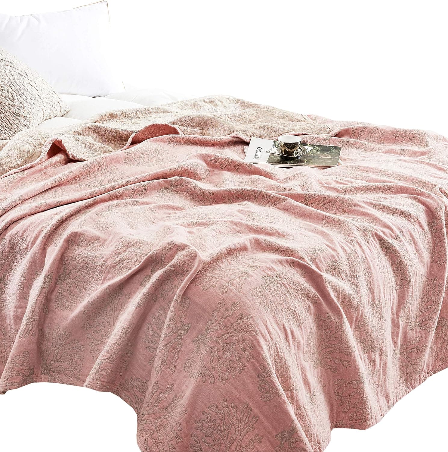 MEJU Coral Muslin Lightweight Summer Blanket for Bed Sofa Couch, 100% Combed Cotton 3 Layer Soft Warm Quick Dry Throw Blanket Bed Coverlet Sheet (Coral Pink, Twin 59" X 78")