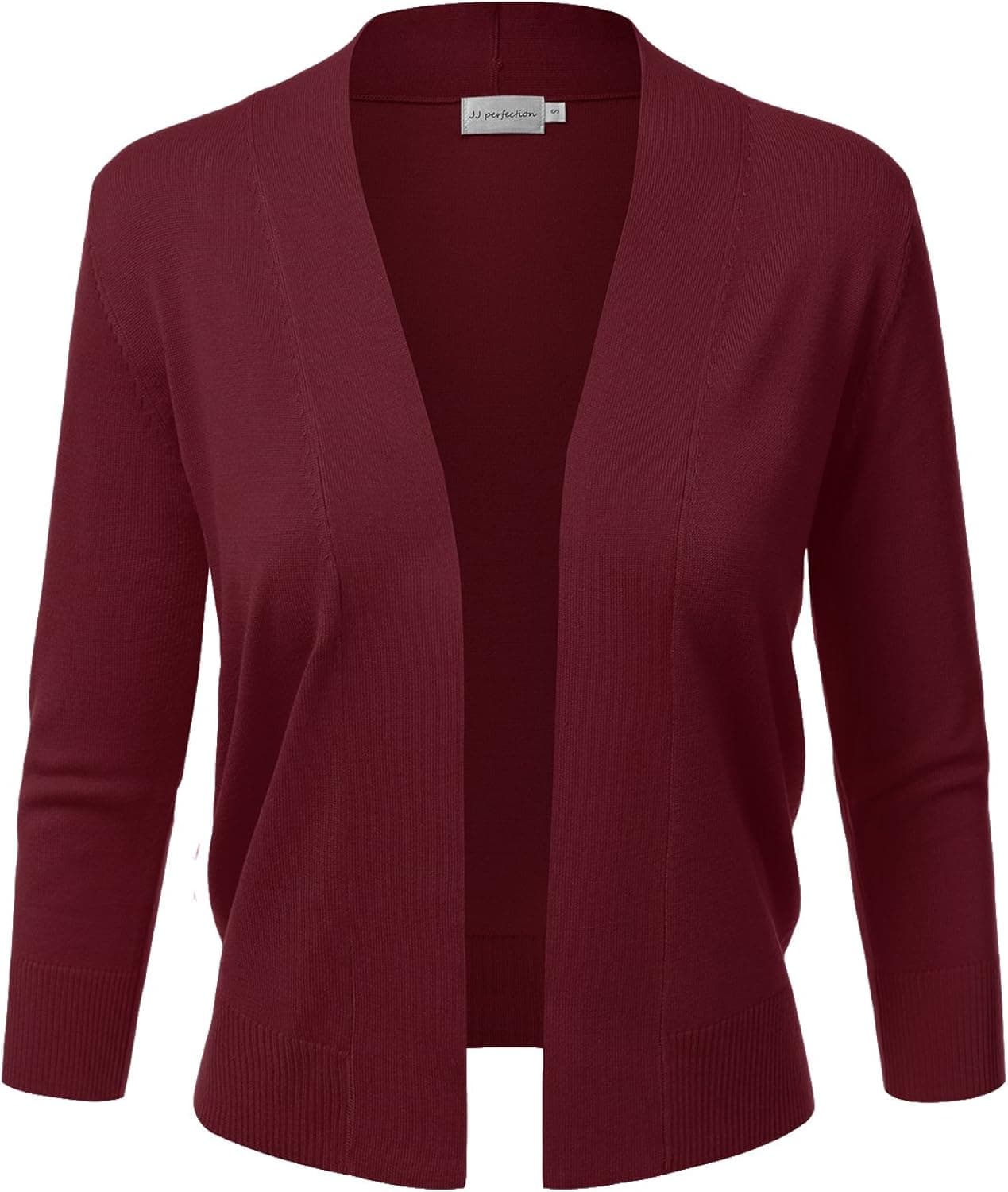 JJ Perfection Women's Basic 3/4 Sleeve Open Front Cropped Cardigan BURGUNDY2 L