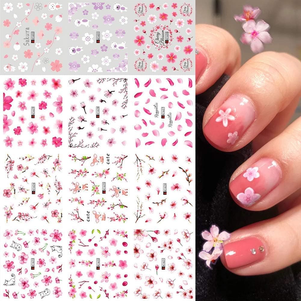 EOOTO Sakura Nail Art Stickers, 12 Sheets Spring and Summer Flower Small Floral Nail Stickers Pink Cherry Blossoms Tree with Leaves Nail Art Decals Summer for Nail Art Design Decoration Manicure Tips