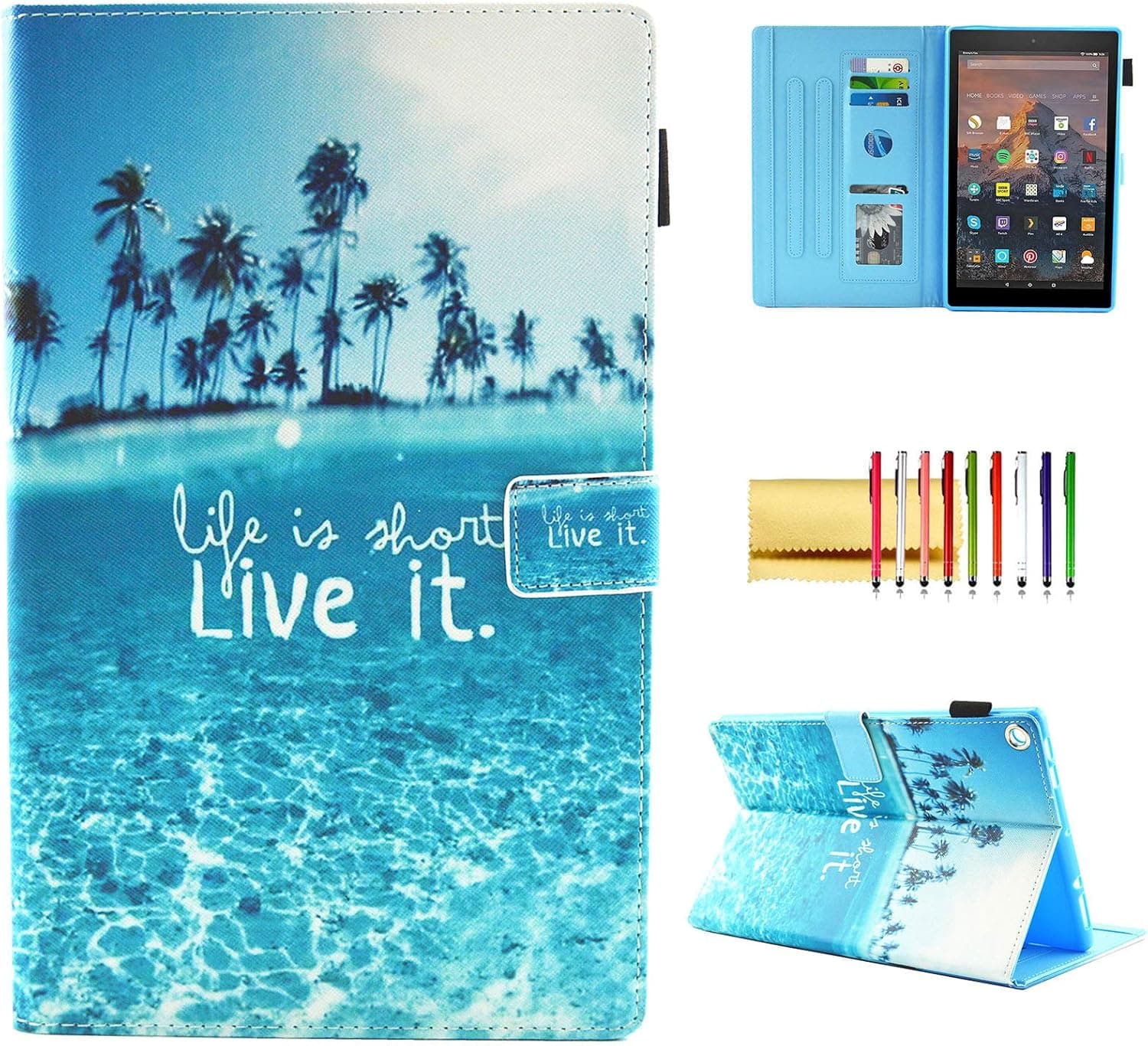 Case for Amazon Fire HD 10 (9th/7th Generation, 2019/2017), Techcircle Multi-Angle Viewing Stand Cute Pattern Slim Folding Leather Protective Cover with Card Slots, Smart Sleep/Wake, Live It Beach