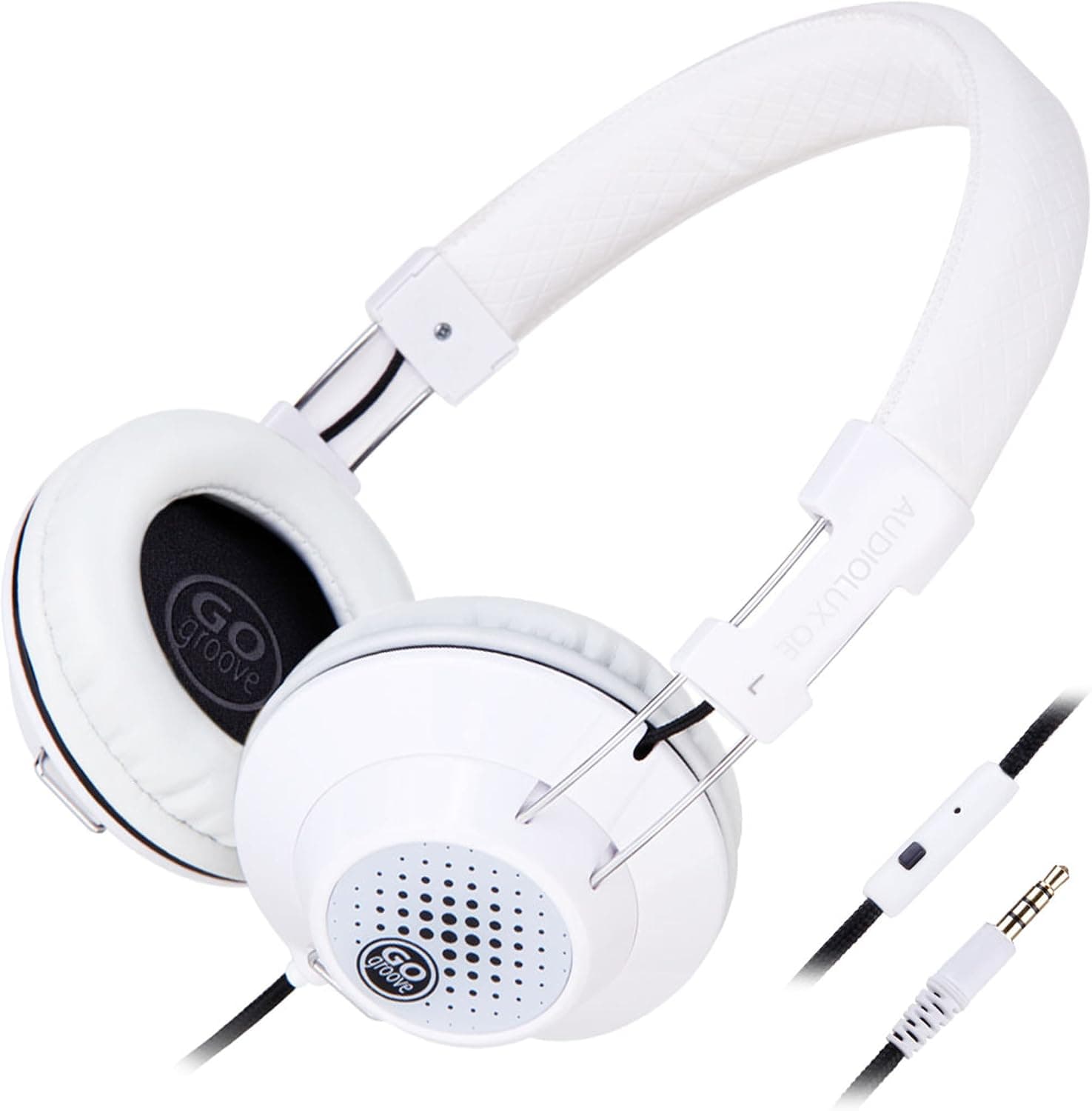 GOgroove AudioLUX Over Ear Headphones with Built-in Microphone - Noise Isolating, in-Line Playback Controls, Braided Nylon Cable & Adjustable Headband, Portable Design - White