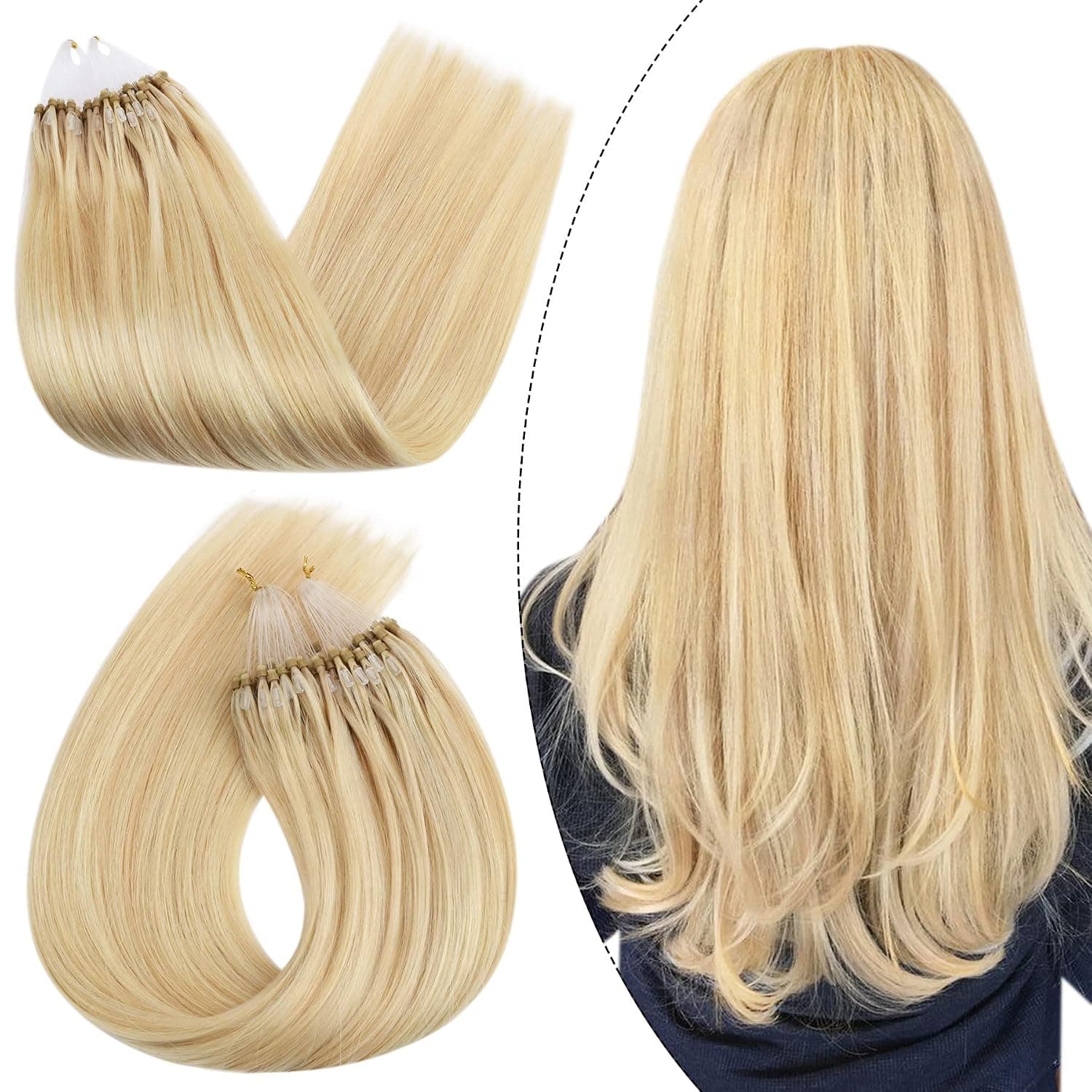 Ugeat 16 Inch Microbead Hair Extensions Human Hair Microlink Hair Extensions Caramel Blonde #27 Highlighted with Blonde #613 Bead Hair Extensions Human Hair 50Gram/Set