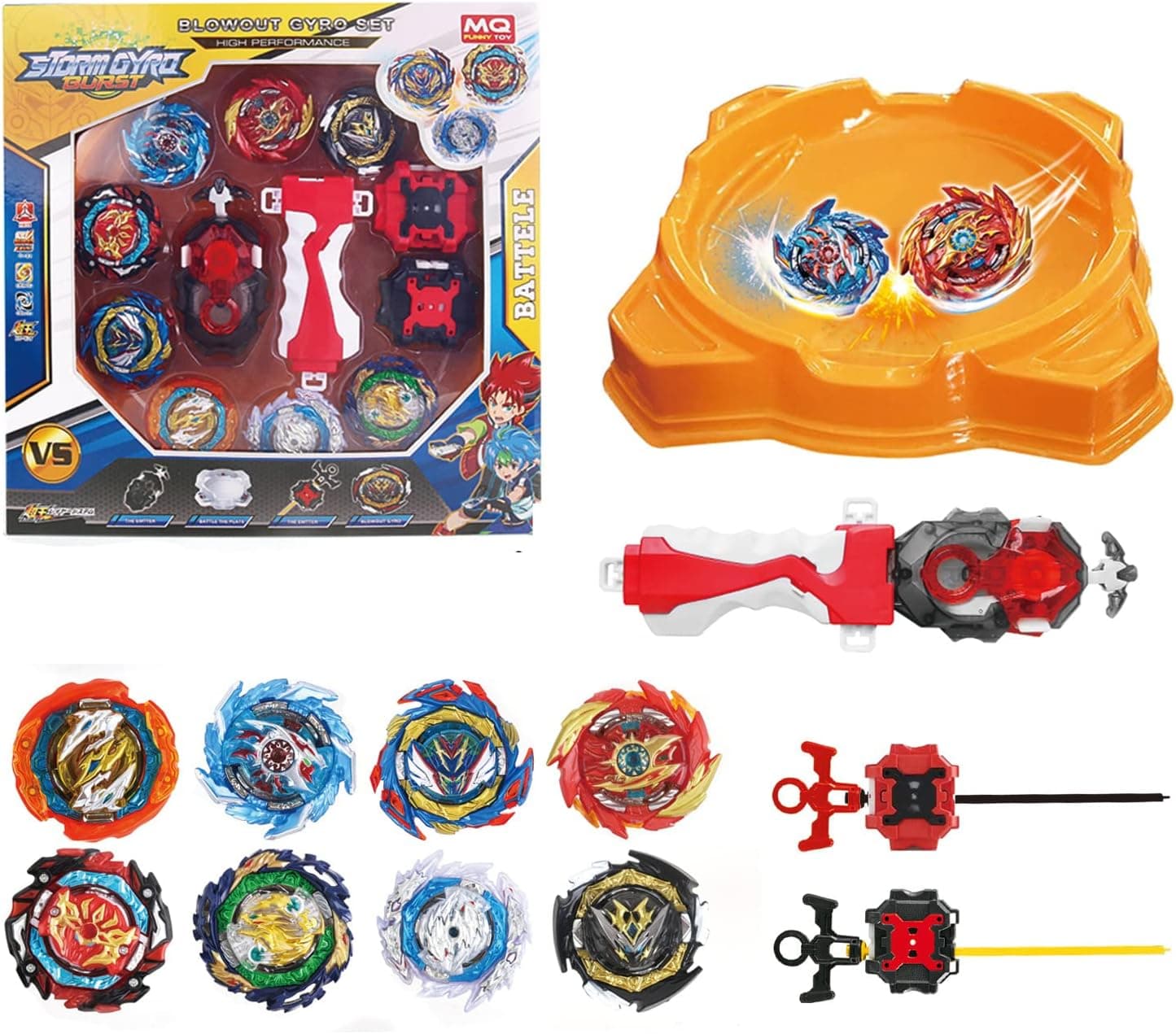 Bey Battling Top Stadium Blade Metal Fusion Attack TopGyro Battle Set，8 Burst Spinning Tops 3 Two-Way Launcher and Arena Included Toy Gift for Kids Boys