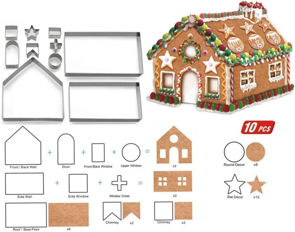 Vpang 10 Pcs 3D Christmas Gingerbread House Cookie Cutters Set Stainless Steel Holiday Cookie Cutters Gingerbread House Kit
