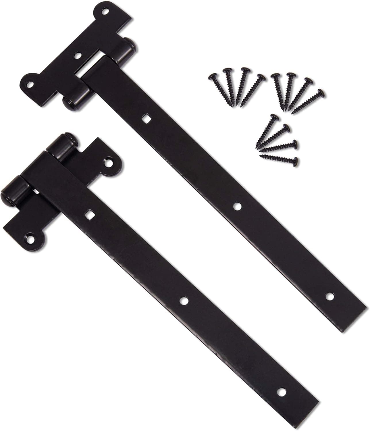 DIYWorld Black Door Hinges – 2Pcs Gate Hinges with 12 Mounting Screws – Heavy Duty 4mm Thick Iron Construction with Black Powder Coating – Ideal for Gates, Sheds, Barns