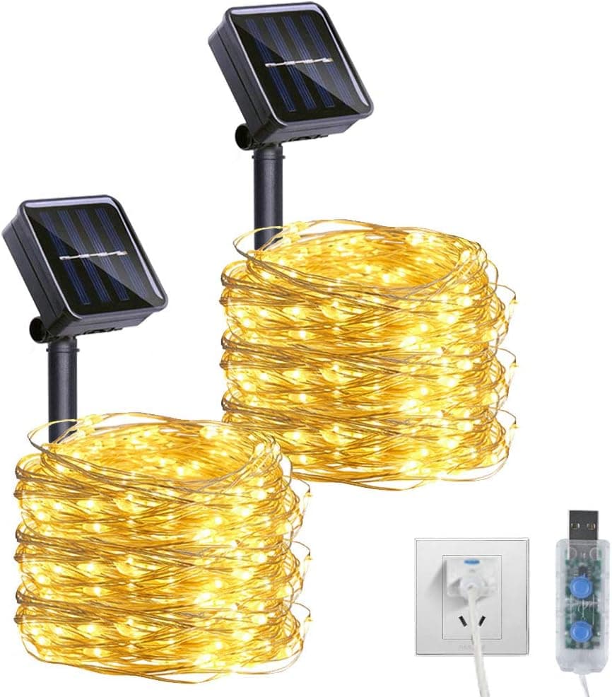Solar String Lights Outdoor/Indoor - 2 Pack 39.4FT 100 LED Fairy Lights Solar & USB Powered with 8 Modes,Waterproof Silver Wire for Garden Patio Patry (Warm White)