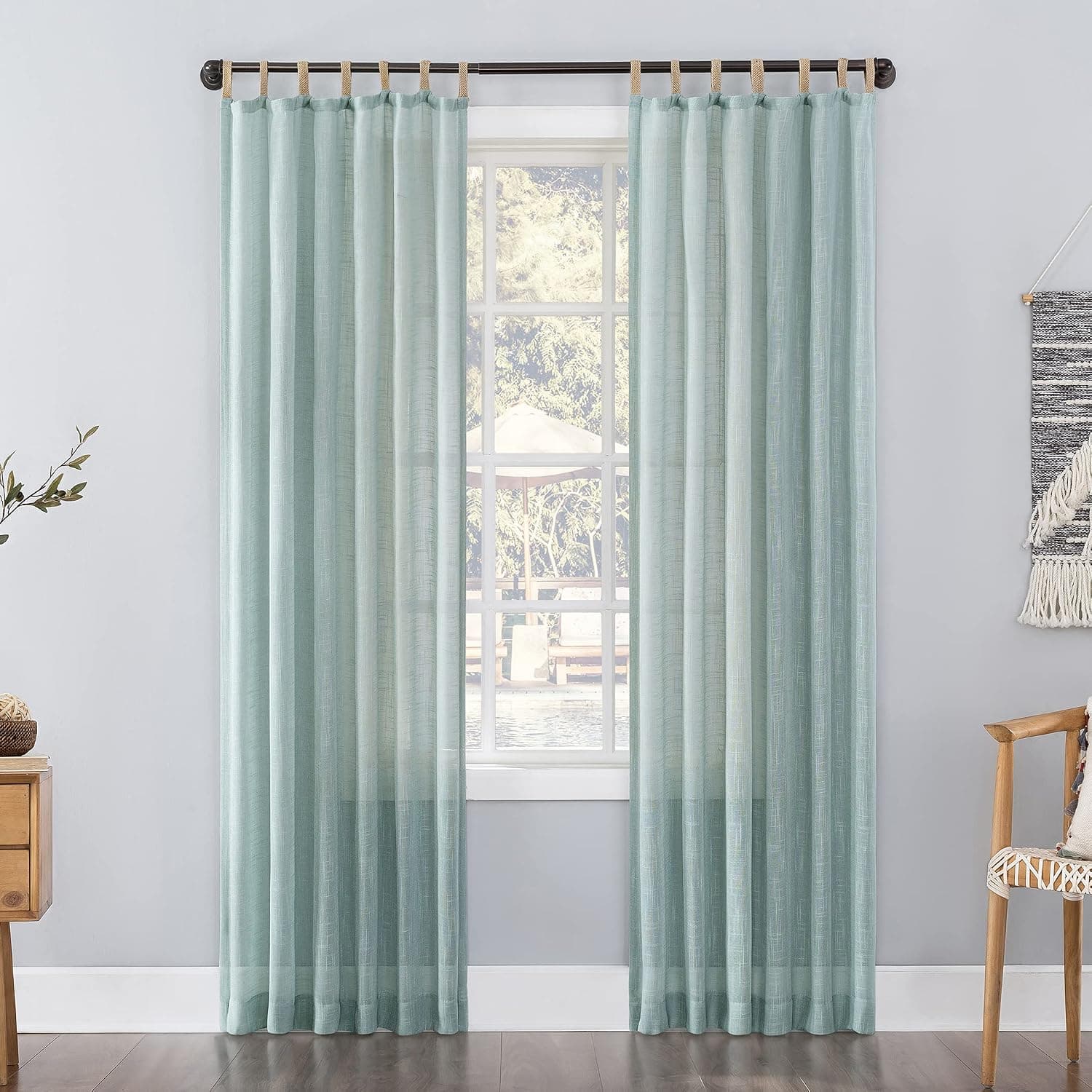 No. 918 Bondi 2-pack Linen Texture Jute Tabs Semi-Sheer Tab Top Curtain Panel Pair, 50" x 84", Soft Teal