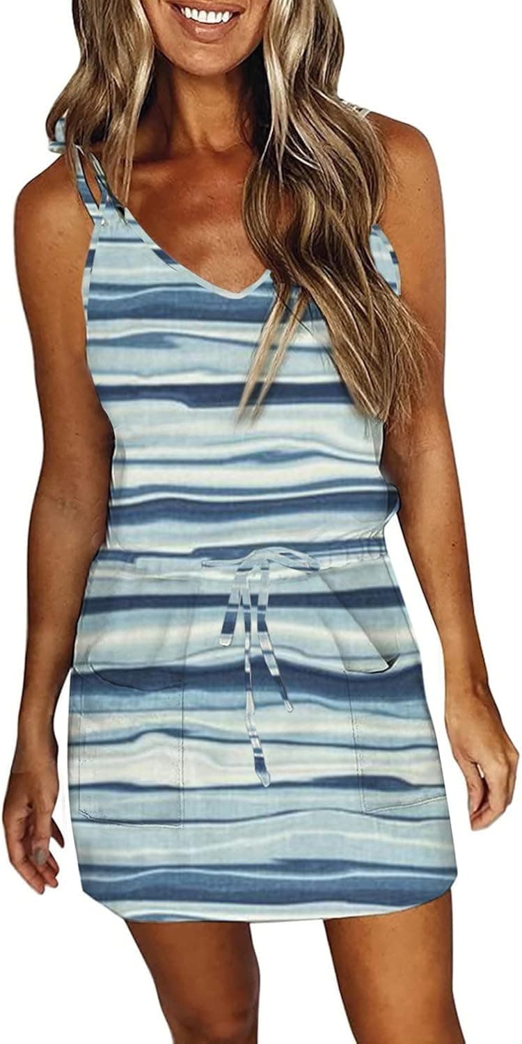 Womens Summer Casual Sleeveless Striped Mini Dress Loose Spaghetti Straps Drawstring Fashion Printed Summer Beach Dress