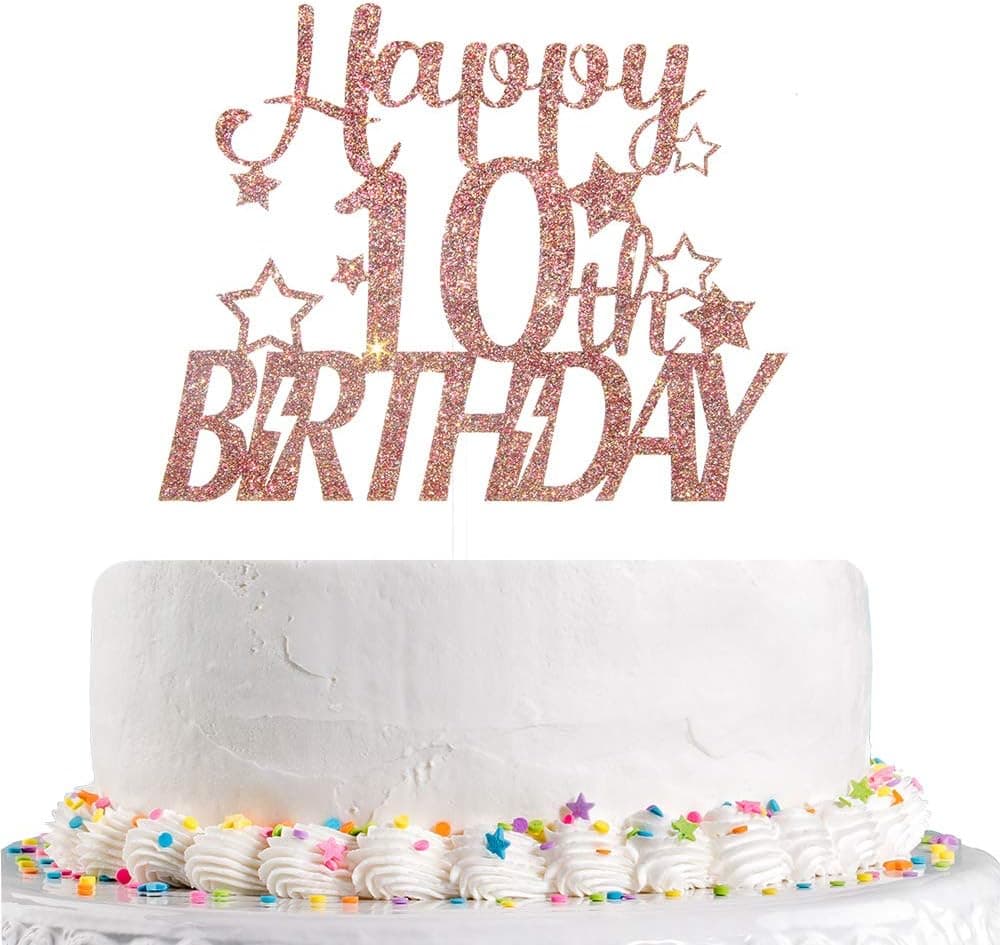 Glitter Happy 10th Birthday Cake Topper for Kids , 10th Anniversary Hello 10 Children Birthday Party Decoration Supplies (Rose Gold)