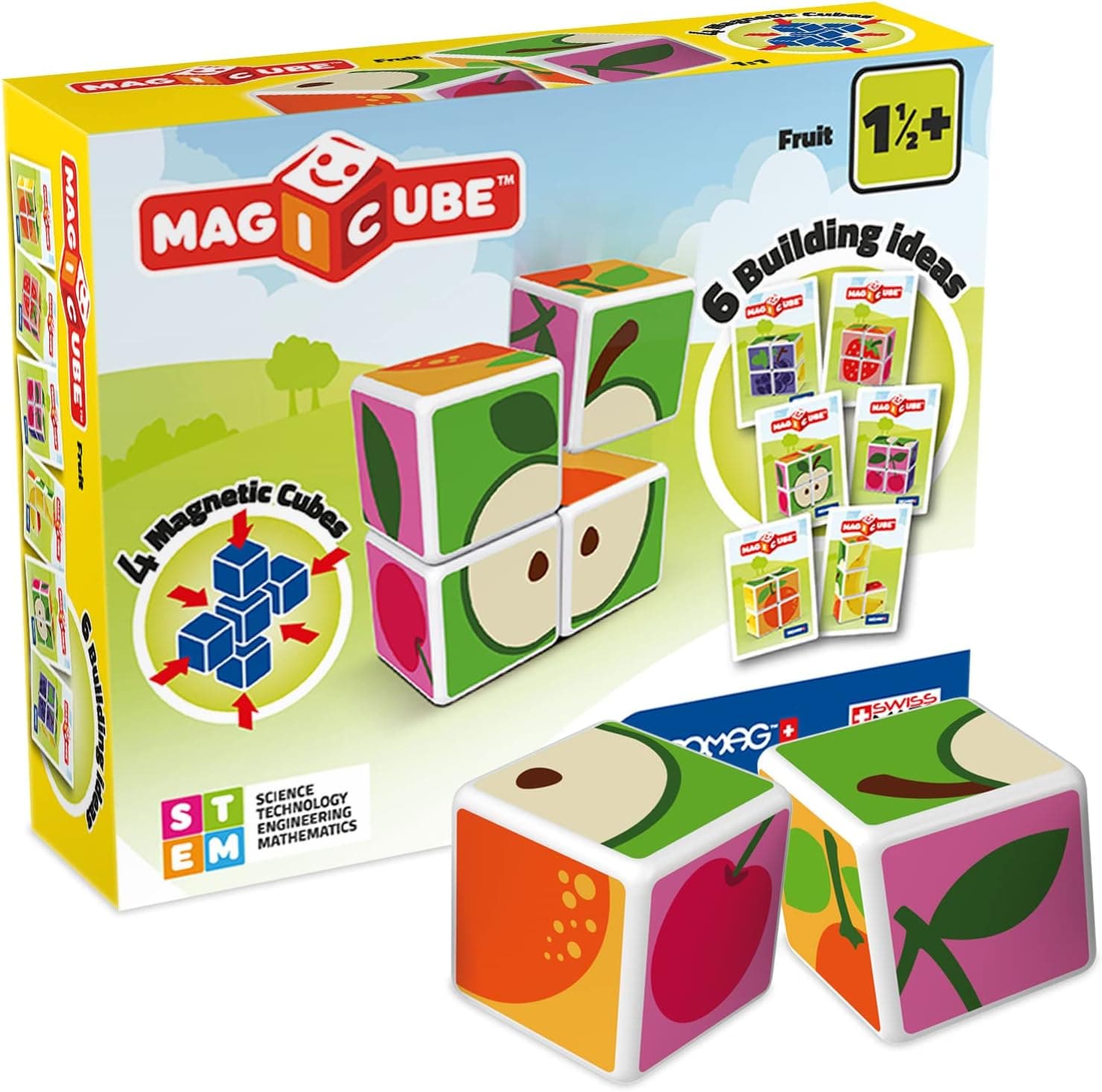 Geomag MagiCube Fruit 4-Piece Magnetic Cubes Building Set, Toddlers & Kids Ages 1.5+, STEM-Endorsed Educational Toy, Swiss-Made, Creativity & Early Learning Fun, 6 Adorable Building Ideas