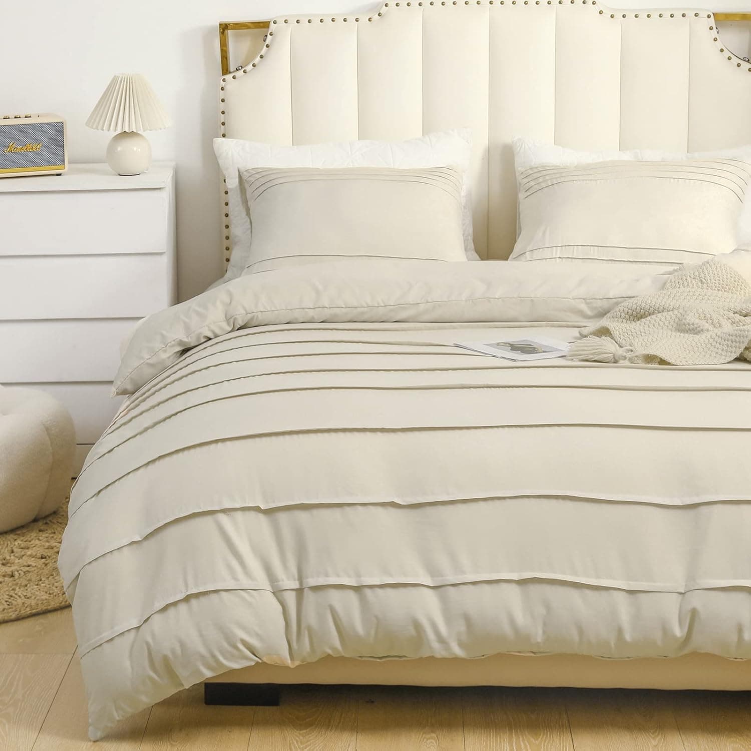 Argstar 3 Pieces King Pleated Duvet Cover Set, Beige Boho Textured Duvet Cover, 100% Washed Microfiber Soft White Bedding Comforter Cover with Zipper & Ties (1 Beige Duvet Cover, 2 Pillowcases)