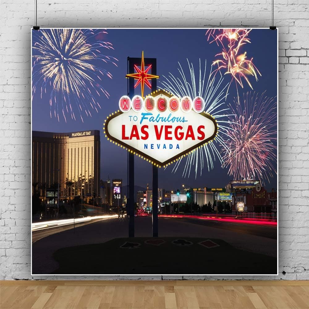 Laeacco 6x6ft Las Vegas Night Backdrop Welcome to Las Vegas Photography Background Fabulous Casino Poker Movie Themed Birthday Party Decoration Prom Ceremony Banner Fireworks Festival Celebration Prop