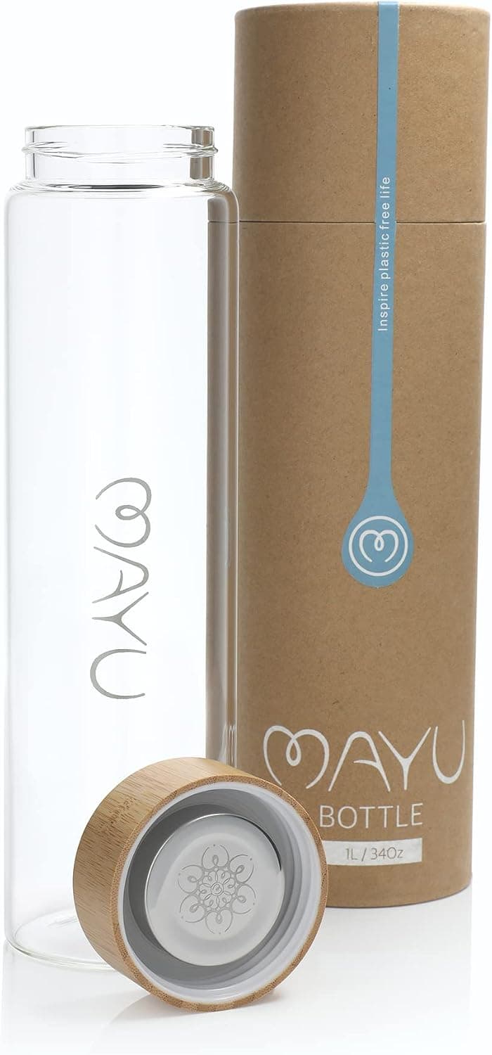 mayu Water Bottle with Bamboo Lid, Eco Friendly & BPA Free, Borosilicate Glass Plastic Free Bottle - Leak Free Design - for Outdoor Picnic, Everyday Use and Non-Toxic Hydration | 1L, 34OZ
