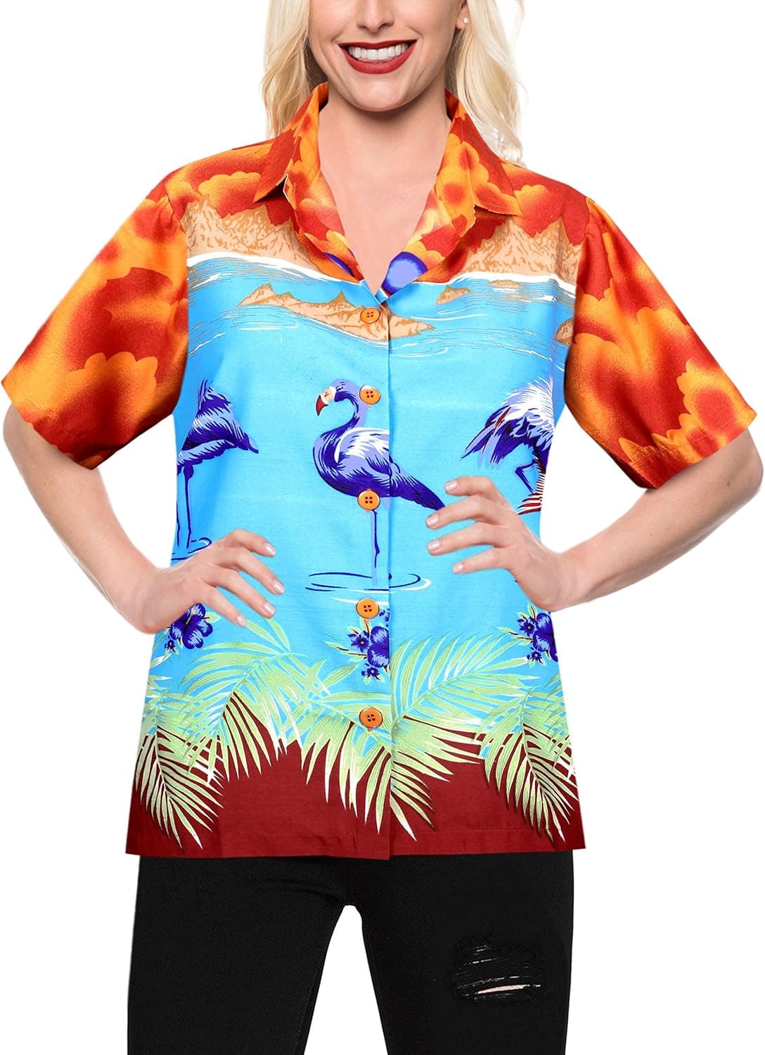 LA LEELA Women's Button Up Blouse Top Hawaiian Overshirt