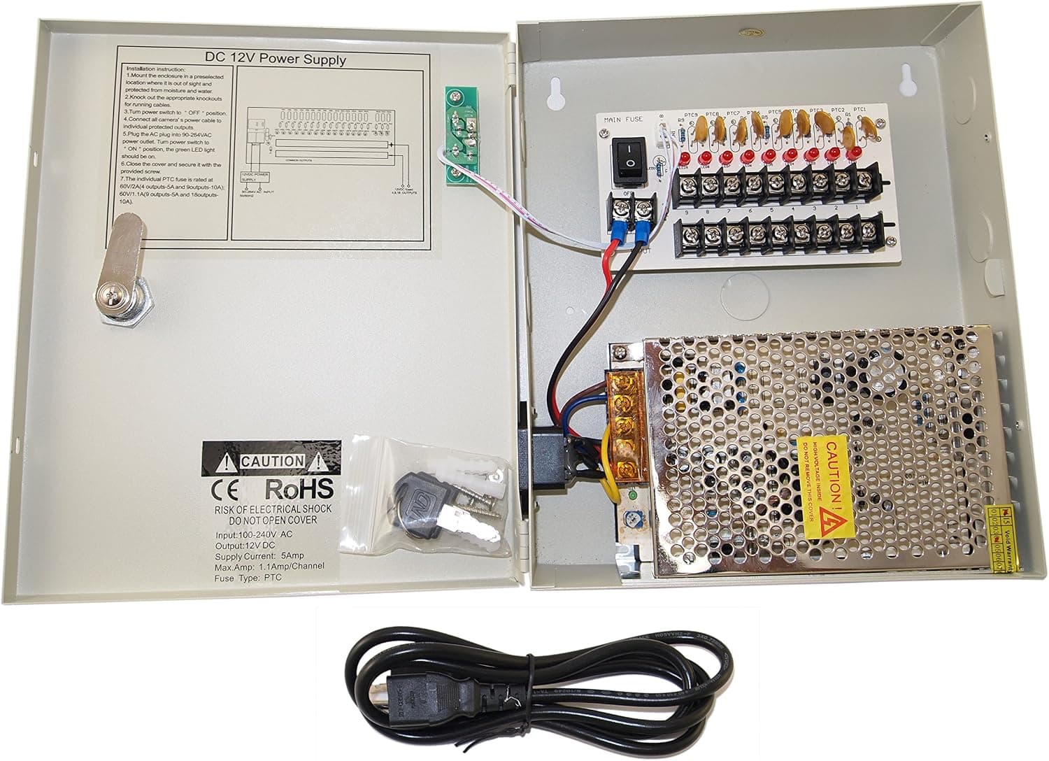 Evertech 8 Channel 9 Port Power Box Security Camera 12V DC 5A Ampere CCTV DVR Power Supply Switch Box Key Locked