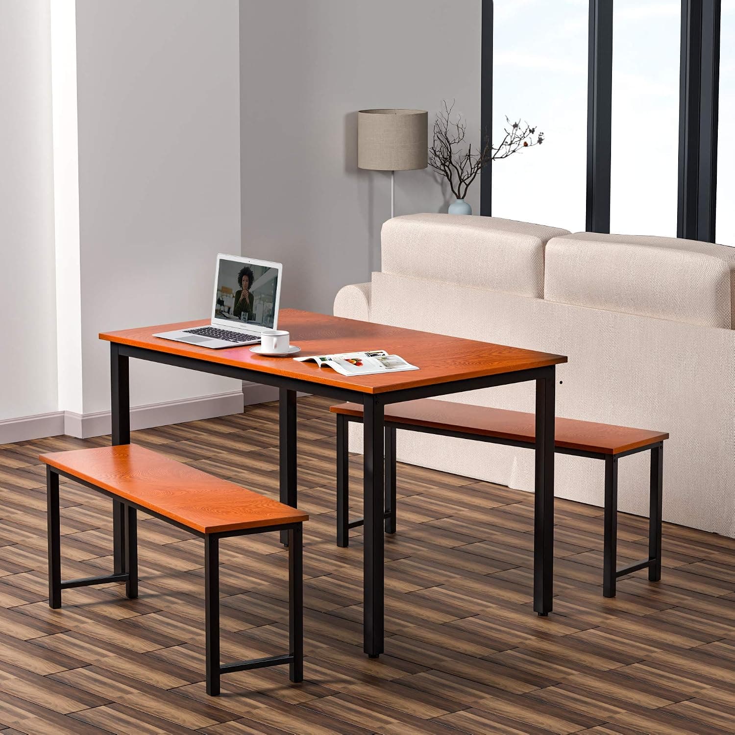 LTTROMAT Dining Table Set 3 with 2 Benches Kitchen Furniture Modern Style Wood Table Top Metal Frame for Home, Cafeteria, Apartment and Farm House, Coffee