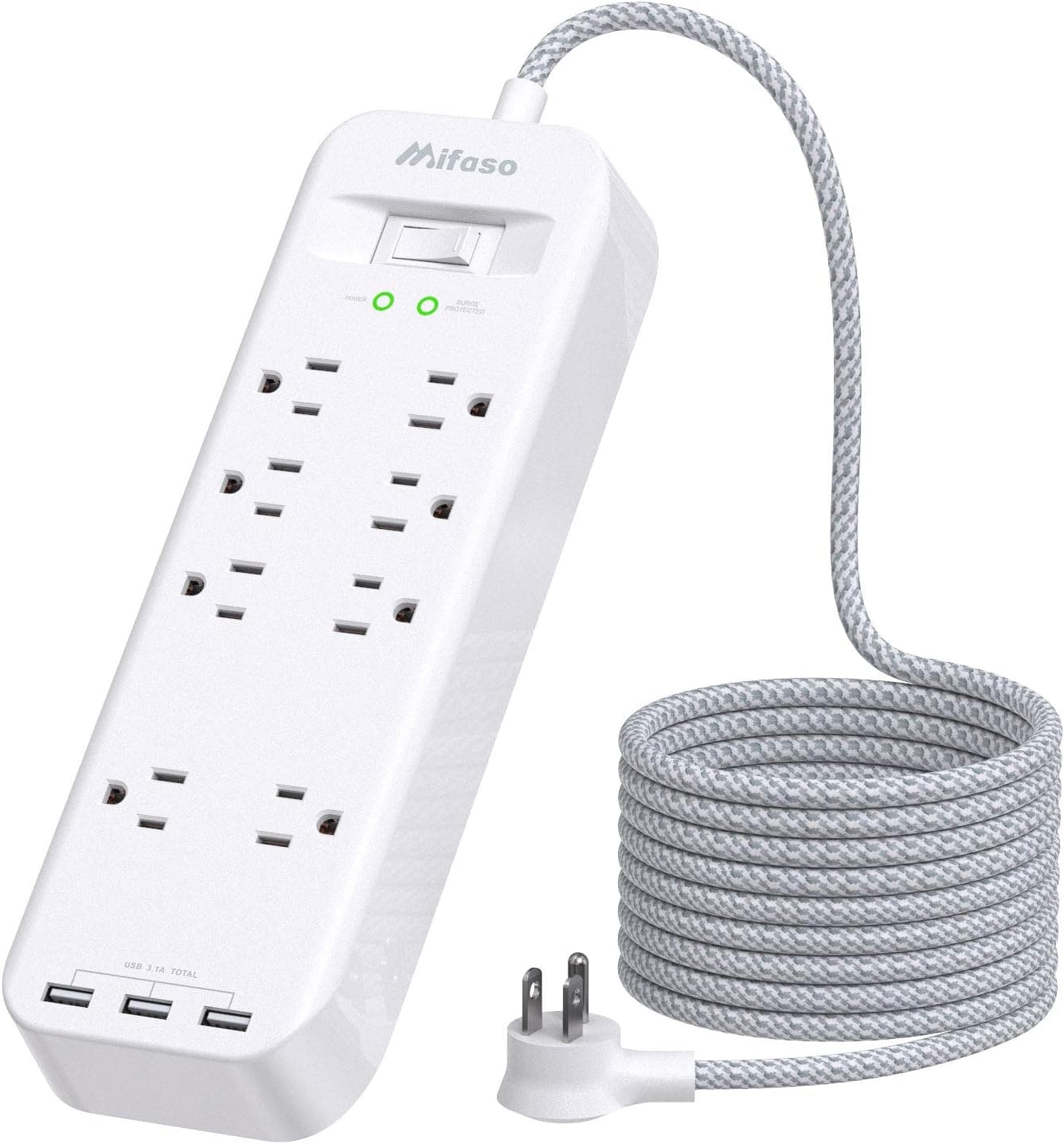 Surge Protector, 2700Joules Power Strip with 8 AC Outlets/3 USB Charging Ports, 6 Ft Long Extension Braided Cord, Flat Plug, 1875W/15A Overload Protection, for Home Office