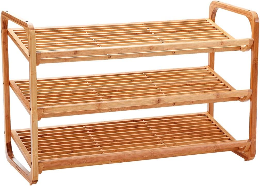 3 Tier Shoe Rack Organizer - Sturdy Shoe Rack Storage for Closet, Door or Entryway，Natural Solid Bamboo, Fits 9-10 Shoes