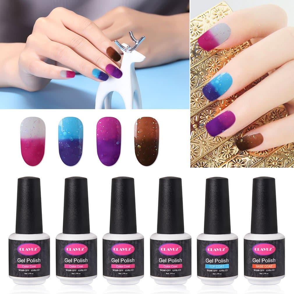 CLAVUZ Gel Nail Polish Set Soak Off Color Changing Nail Polish Base and Top Coat Manicure Nail Art Kit