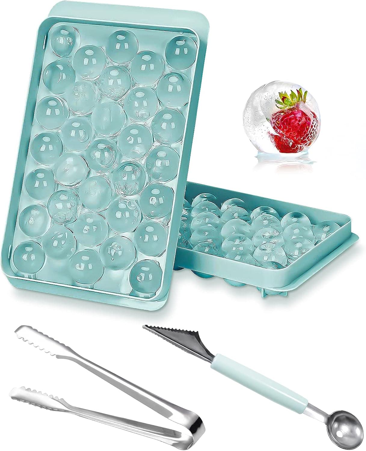 MIHIYIRY Round Ice Cube Tray, Ice Ball Maker Mold for Freezer ,Sphere Ice Chilling Cocktail Whiskey Tea & Coffee(2 Blue Trays,1 Ice tongs & Fruit Gadge Knife )