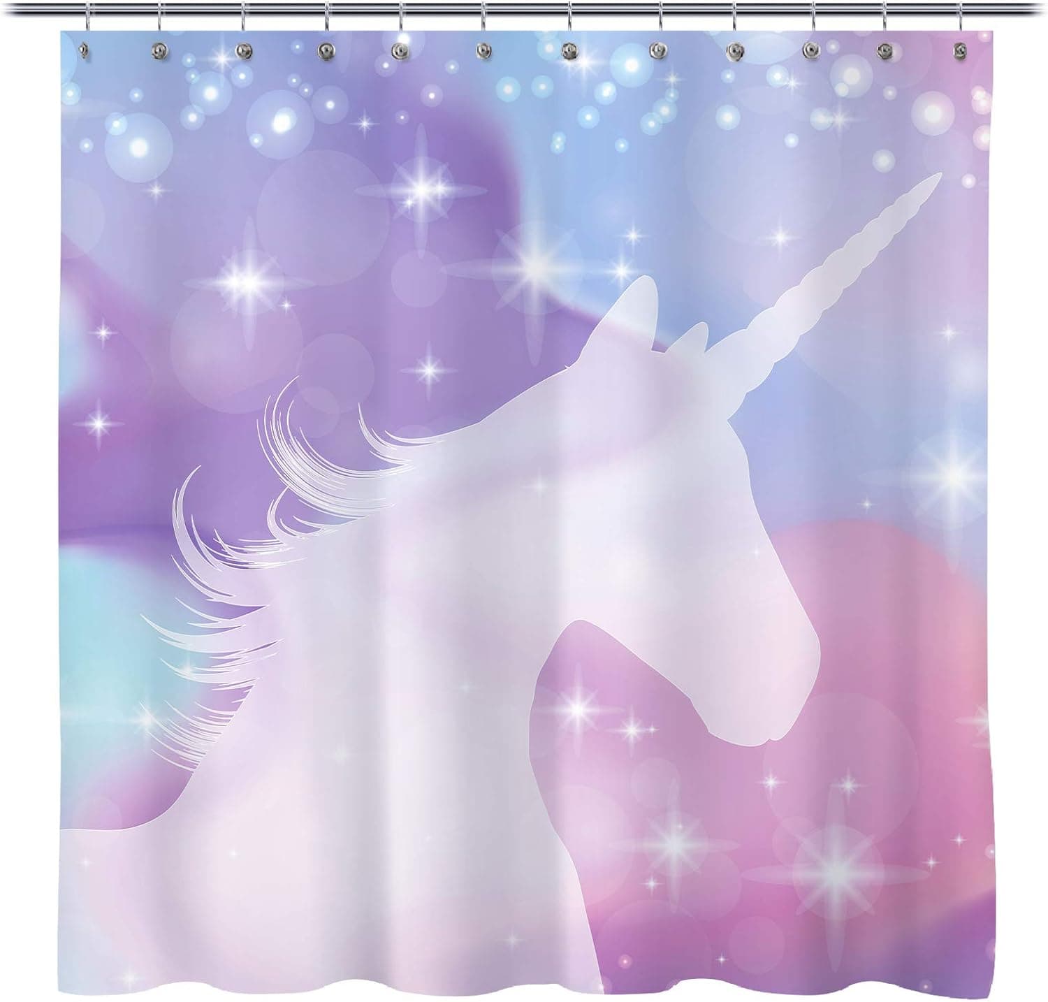Sunlit Designer Colorful Magical Unicorn Fabric Shower Curtain Legendary Myth Creature with Stars Dream Print for Kids and Girls Bathroom and Party Decoration