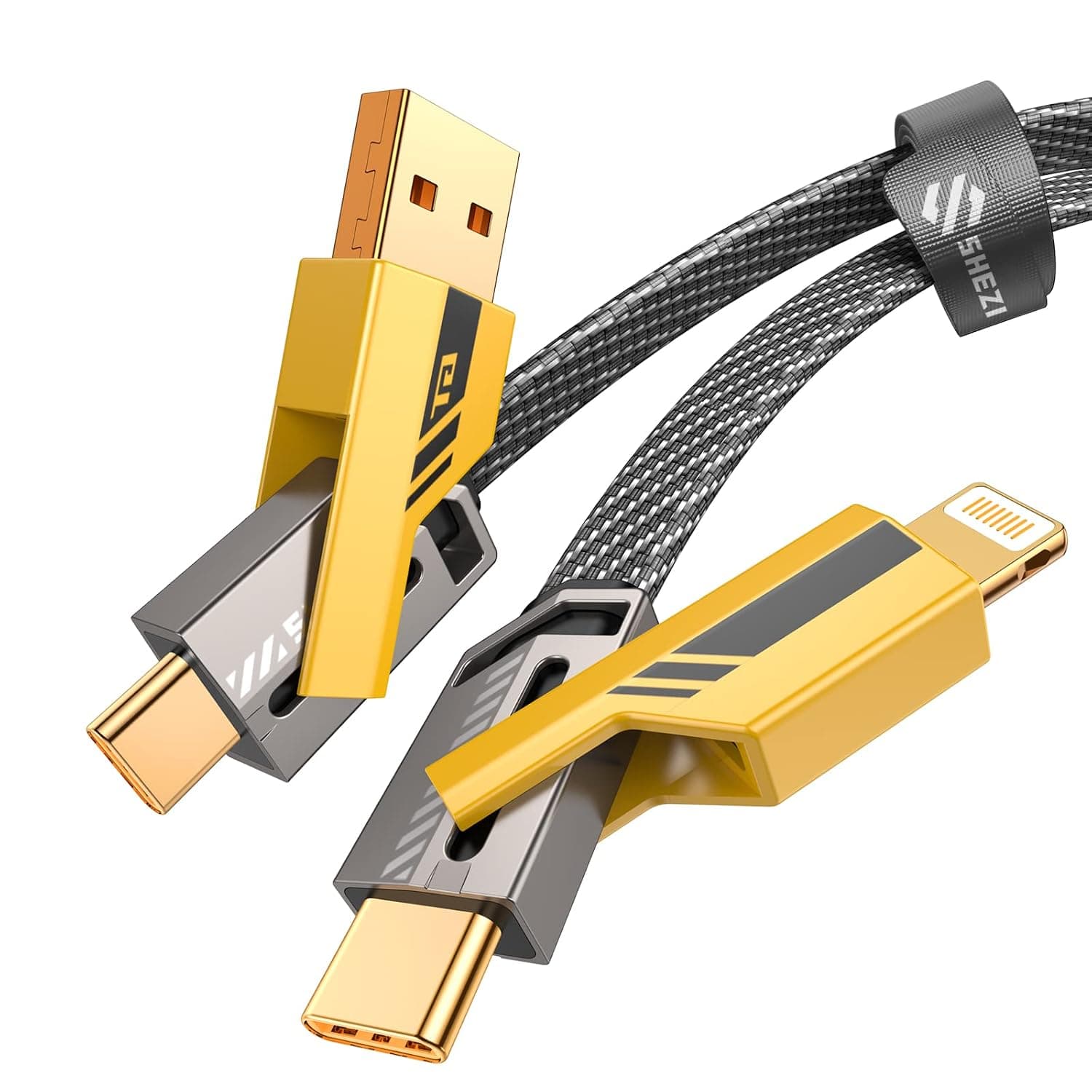 SHEZI [4-in-1 USB C Cable Lightning Cable 60W [Fast Charging & Data Sync] Flat Braided Anti-Tangle iPhone Charger Cord with Velcro, Multi Charging Cable Combo Lightning/Type C/USB A Ports [5ft]