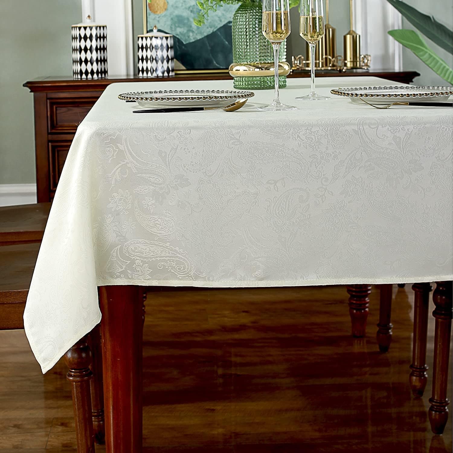 SASTYBALE Rectangle Tablecloth,Jacquard Wrinkle Free Spill-Proof Washable Polyester Damask Table Cloth for Dining Room Kitchen Party Home Indoor and Outdoor Use,52 x 70 Inch Ivory