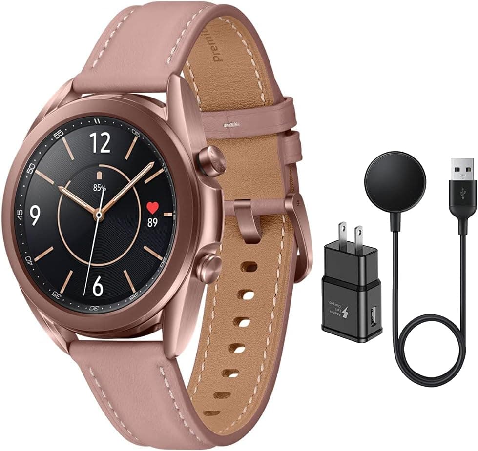 SAMSUNG Galaxy Watch 3 Stainless Steel (41mm) SpO2 Oxygen, Sleep, GPS Sports + Fitness Smartwatch, IP68 Water Resistant, US Model SM-R850 (Fast Charge Cube Bundle, Mystic Bronze)