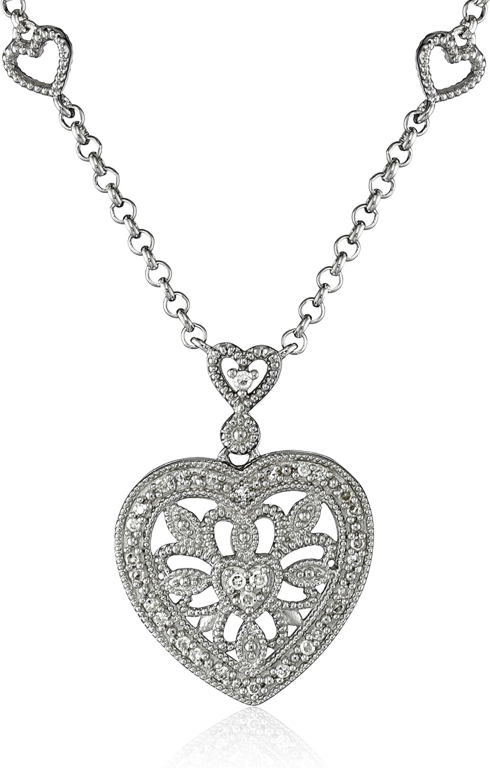Amazon Collection Sterling Silver Vintage Heart Design with Diamond Accent Pendant Necklace (1/10cttw)