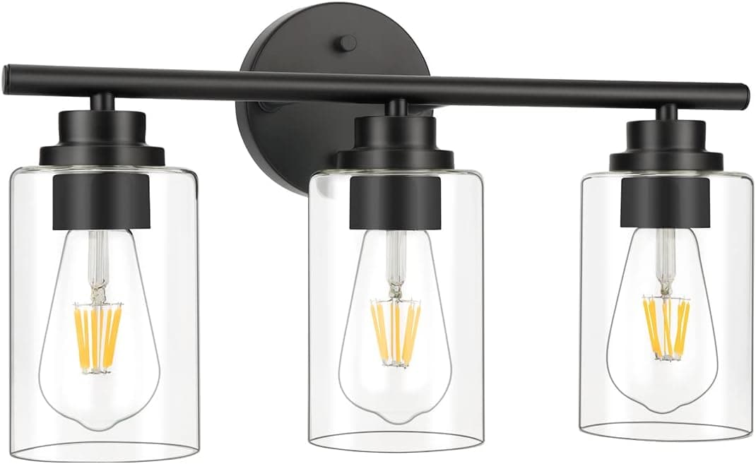 Xbuyee 3 Light Bathroom Vanity Light Fixtures, Matte Black Vanity Lights Over Mirror, 17 Inch Modern Bathroom Wall Sconces Wall Lamp with Clear Glass Shades for Bathroom Bedroom Living Room, ETL