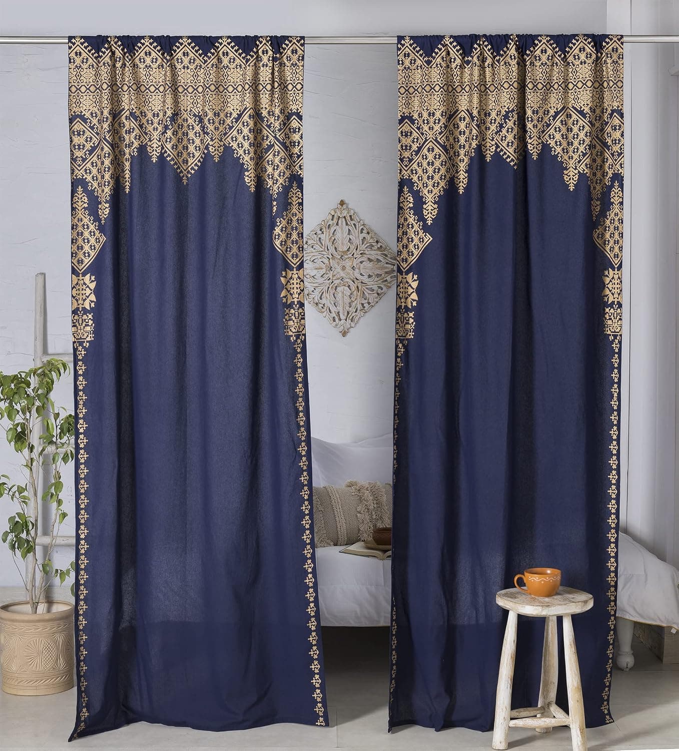 Madhu International Moroccan Curtains - Set of 2 Window Curtain Panels - 100% Cotton Curtain - Tapestry Curtain with Rod Pocket Mandala Curtains for Bedroom & Living Room (Size- 41"W , 87"L) Blue Gold