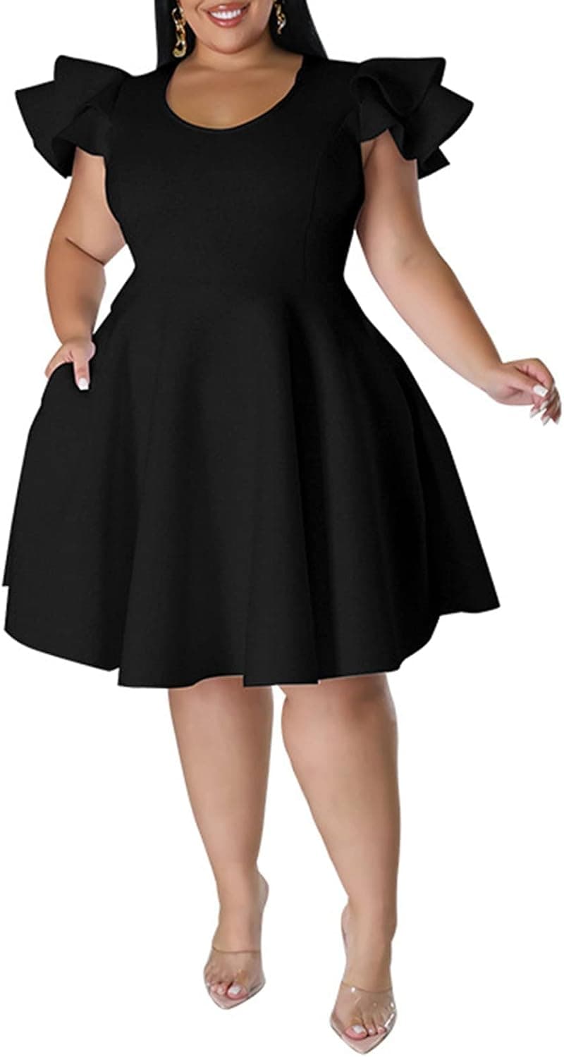 Women's Plus Size A Line Dress Elegant Ruffle Sleeves Fit and Flared Knee Length Cocktail Party Dress with Pocket