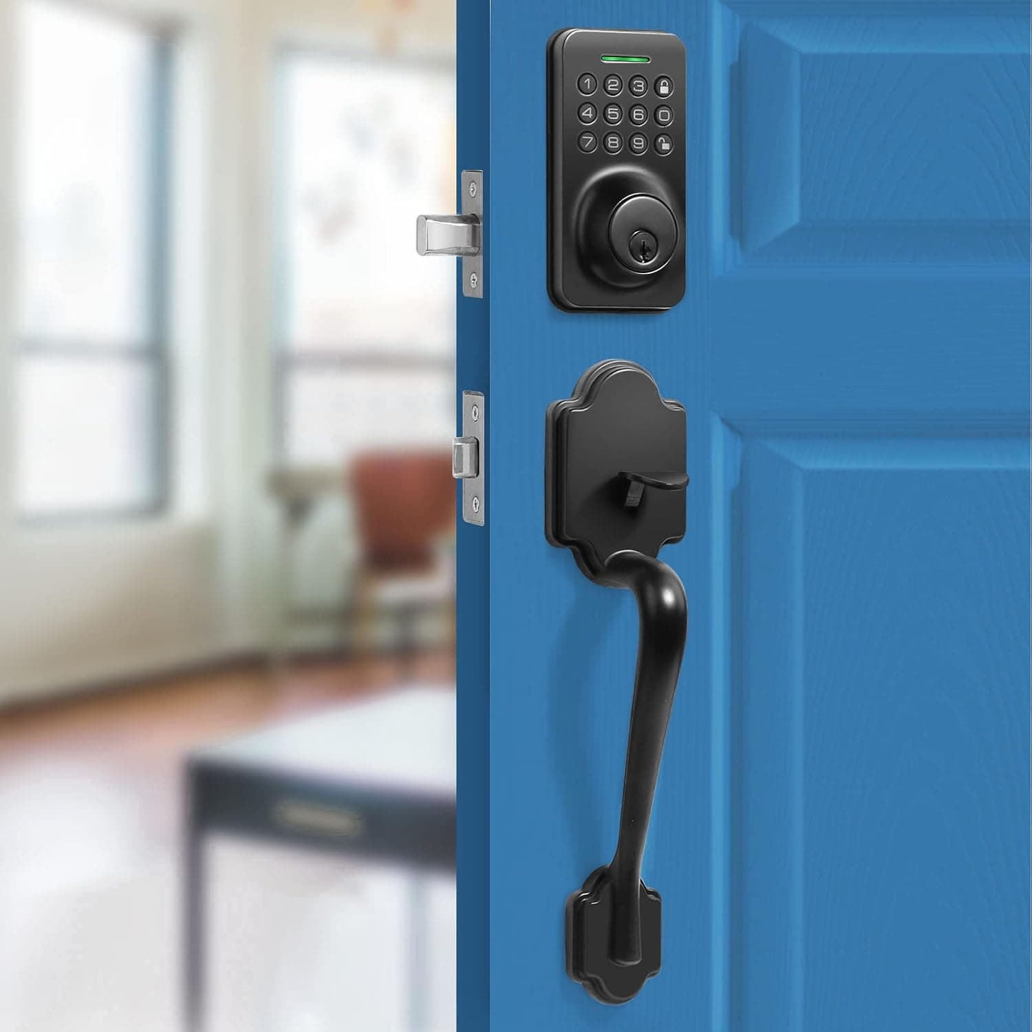Keyless Entry Door Lock with Handle Electronic Keypad Deadbolt, Smart Lock for Front Door Handle Sets, Auto-Lock, Anti-Peeping Password, Matte Black