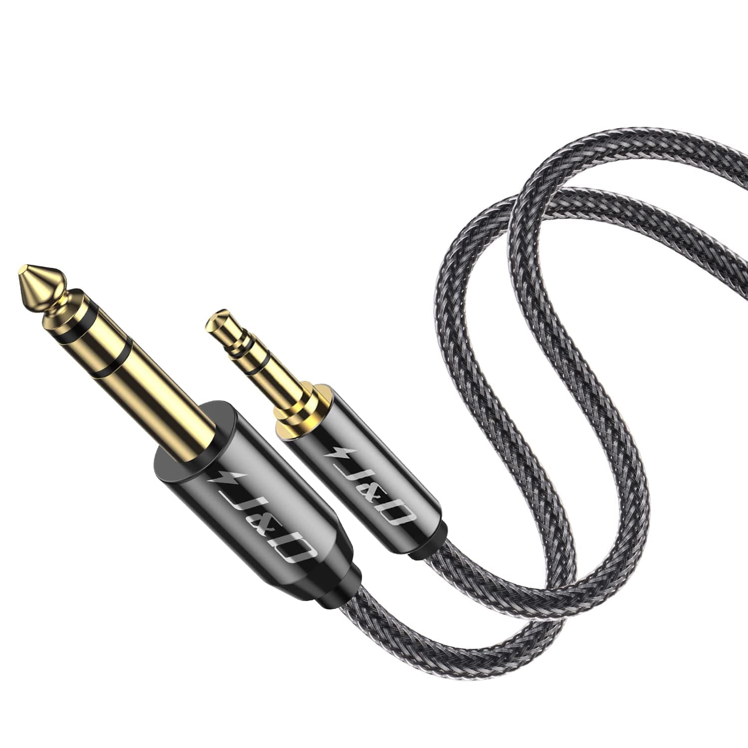 J&D 3.5mm to 6.35mm Stereo Audio Cable, Gold Plated 3.5mm 1/8 inch Male TRS to 6.35mm 1/4 inch Male TRS Copper Shell Cable with Zinc Alloy Housing, Nylon Braid for iPhone, Amplifiers, 9 Feet