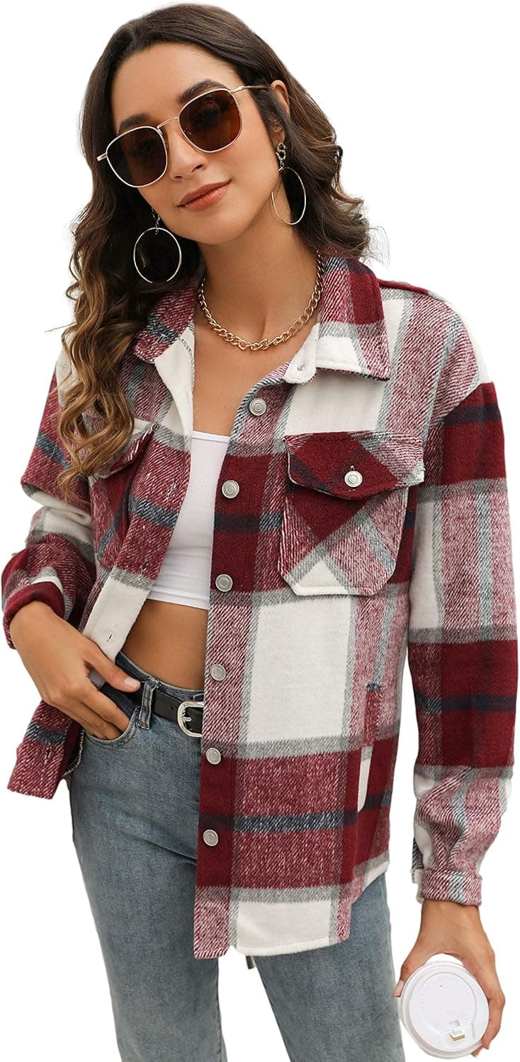 Himosyber Womens Plaid Shacket Woolen Brushed Lapel Pocketed Button Down Shirt Fall Jacket