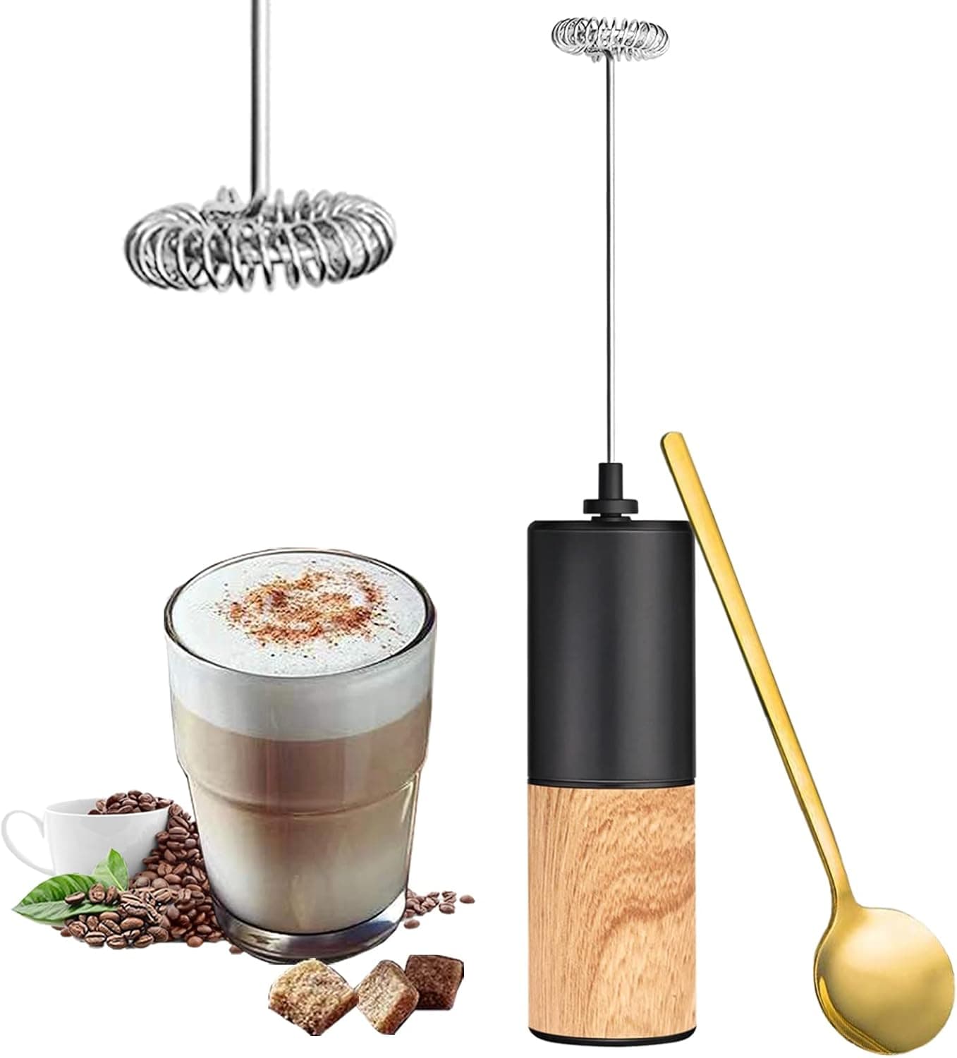 Milk Frother Handheld Electric Whisk - Portable Multifunction Stainless Steel Coffee Frother with Spoon Easy Use & Clean Drink Mixer Milk Foam Maker for Cappuccino Latte Hot Chocolate Matcha