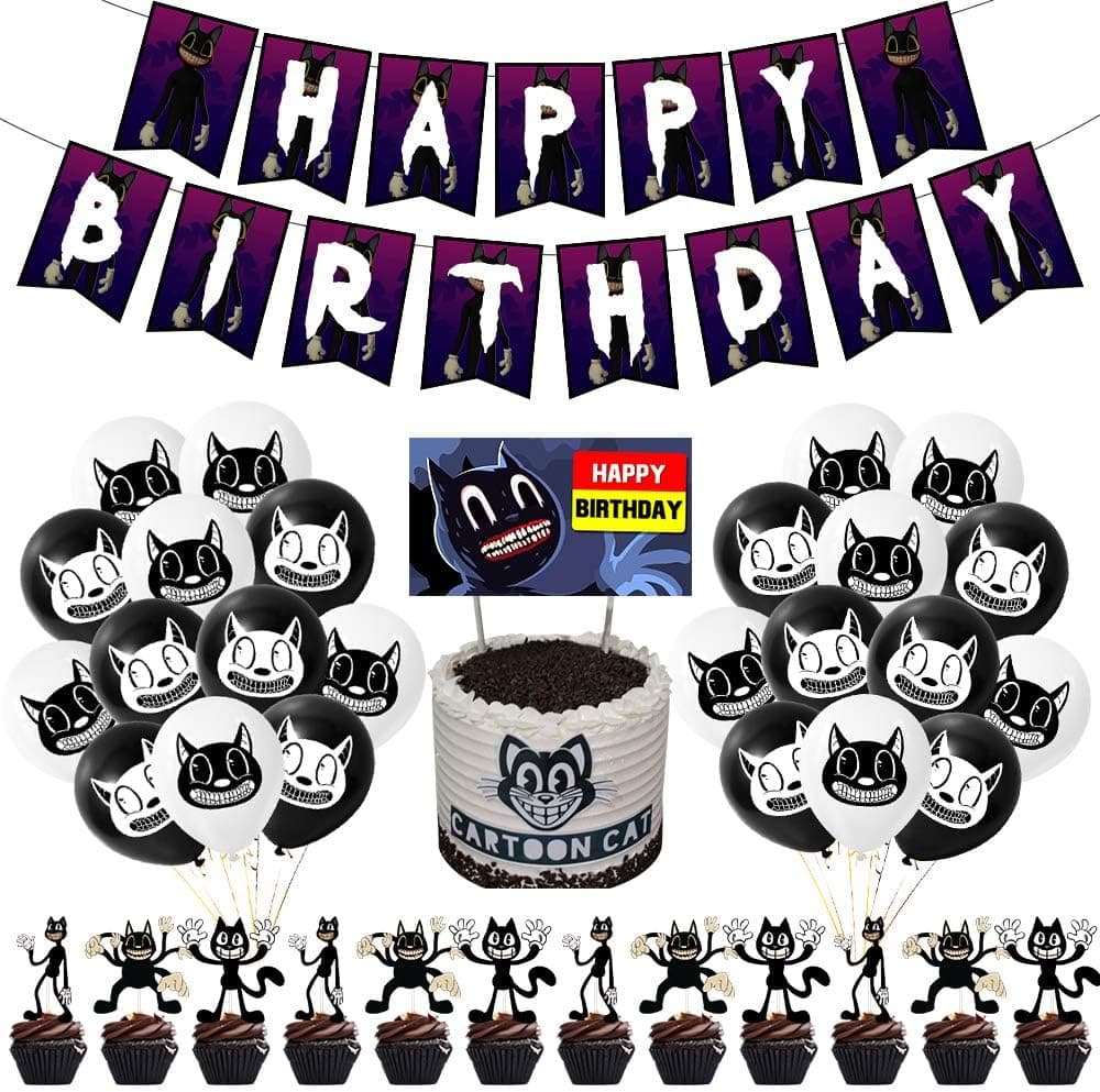 Cartoon Cat Party Supplies Set Kids Girls Boys Black Birthday Party Favors Happy Birthday Banner Latex Balloons Cake Cupcake Toppers Celebration Activities Decorations