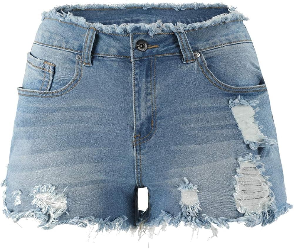 THUNDER STAR Ripped Jean Shorts for Women Mid Rise Frayed Raw Hem Stretchy Denim Shorts