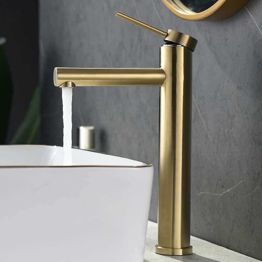 Friho Brushed Gold Tall Bathroom Vessel Sink Faucet, Contemporary Single Handle Lavatory Vessel Basin Mixer Tap Brass Gold Bathroom Vanity Vessel Sink Faucets
