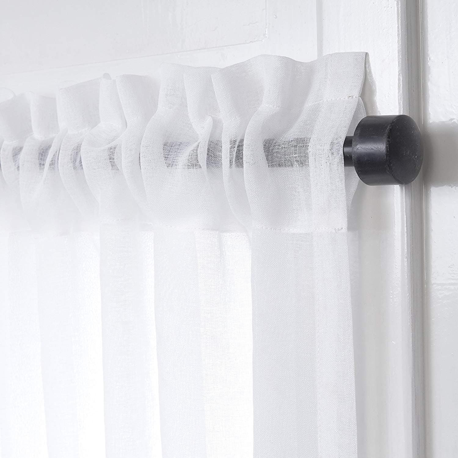 Kitchen Window Sheer Curtain Tiers - Elegant Linen Look Short Rod Pocket Semi Sheer Curtains for Bedroom/Bathroom/Small Windows, White, W55 x L36 Inches, Set of 2