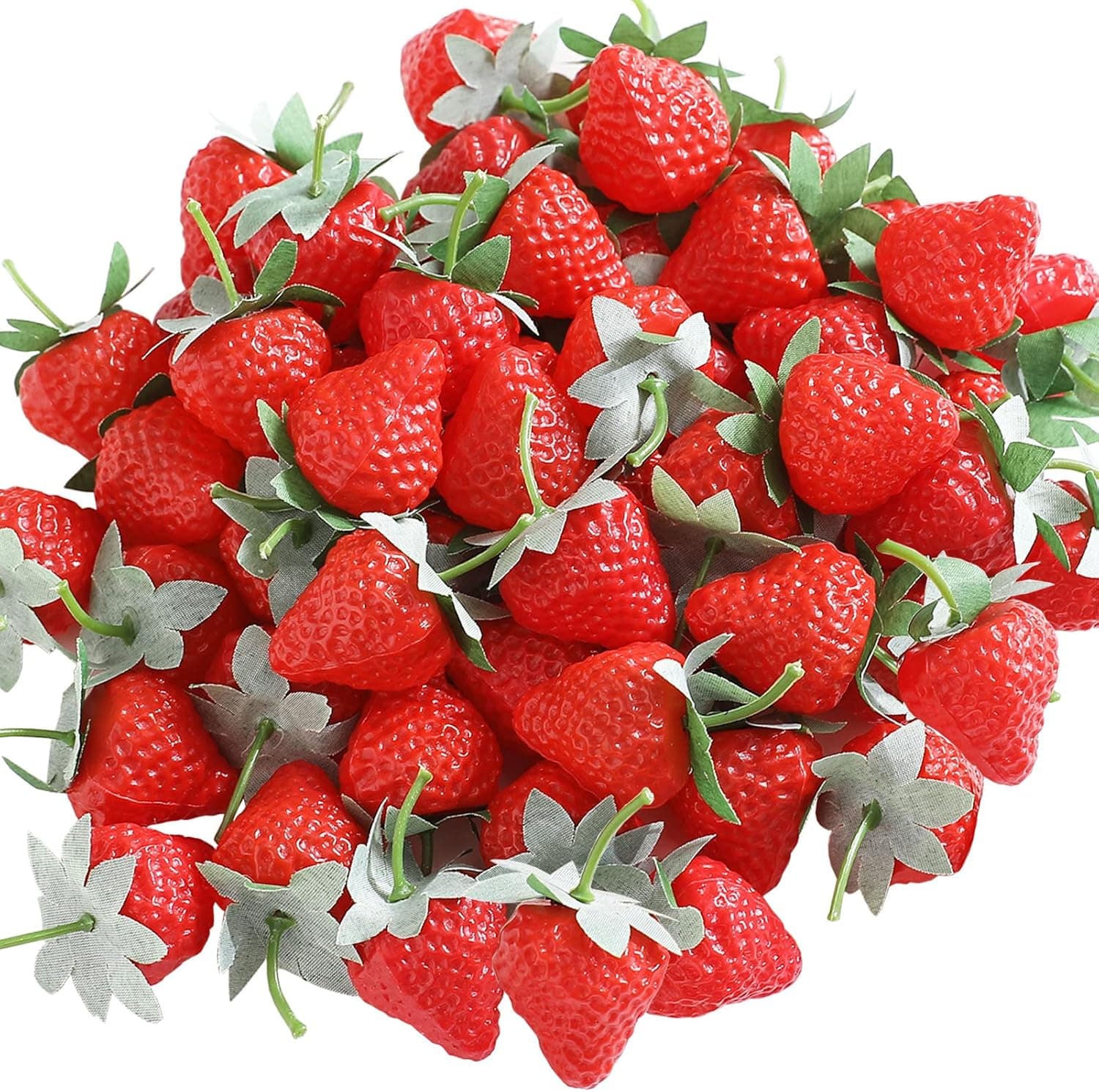 Joeabor 60 Pieces Fake Strawberries Décor, Fake Fruit Artificial Strawberry Kitchen Décor, Plastic Strawberry Party Decorations, Realistic Fake Food Lifelike for Display Photography Props