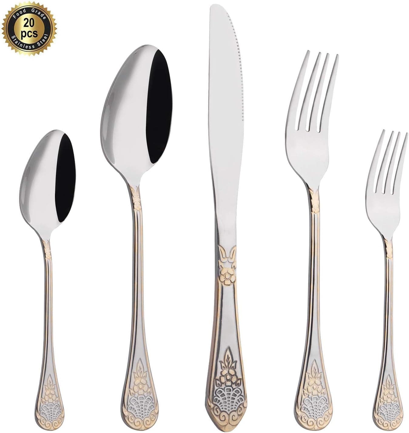 HF HOFTEN Silverware Set, 20 Piece Stainless Steel Flatware Set Include Fork Spoon Knife Cutlery set for Daily Use and Party, Service for 4, Safe in Dishwasher（HX047-24KG)