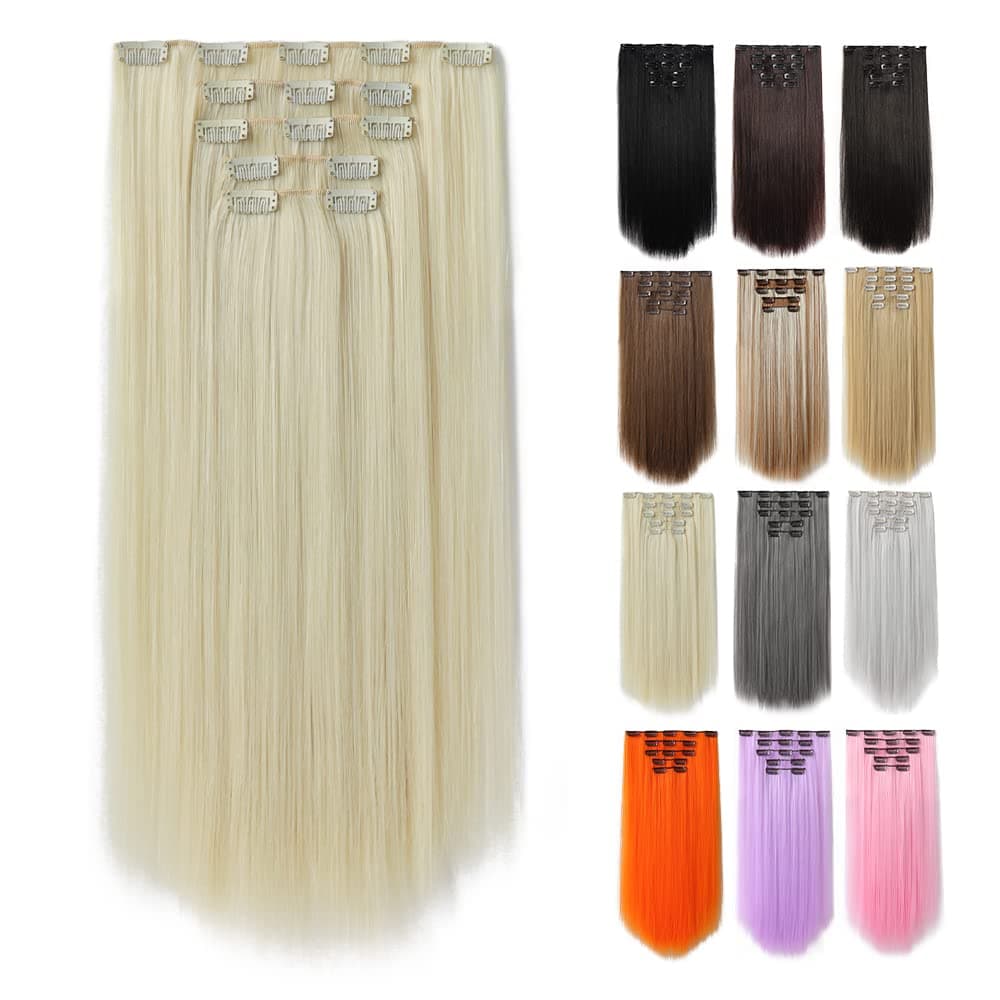 NJJYXH Clip in Hair Extensions Bleach Blonde Long Straight 18 Inch 5PCS Thick Synthetic Hairpieces Full Head Natural Soft for Women 14 Inches Wavy Curly Fluffy Hair Extension 115g