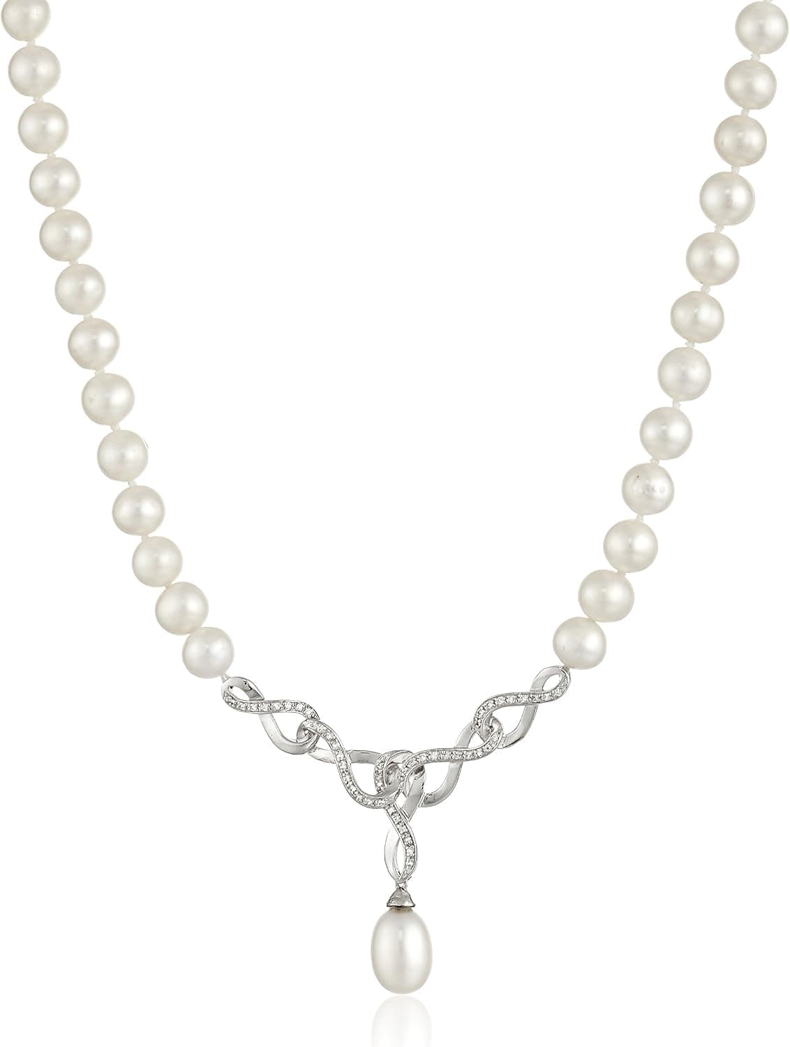 Freshwater Cultured Pearl and White Topaz Interlocking Pearl Strand Necklace With Pendant, 18"