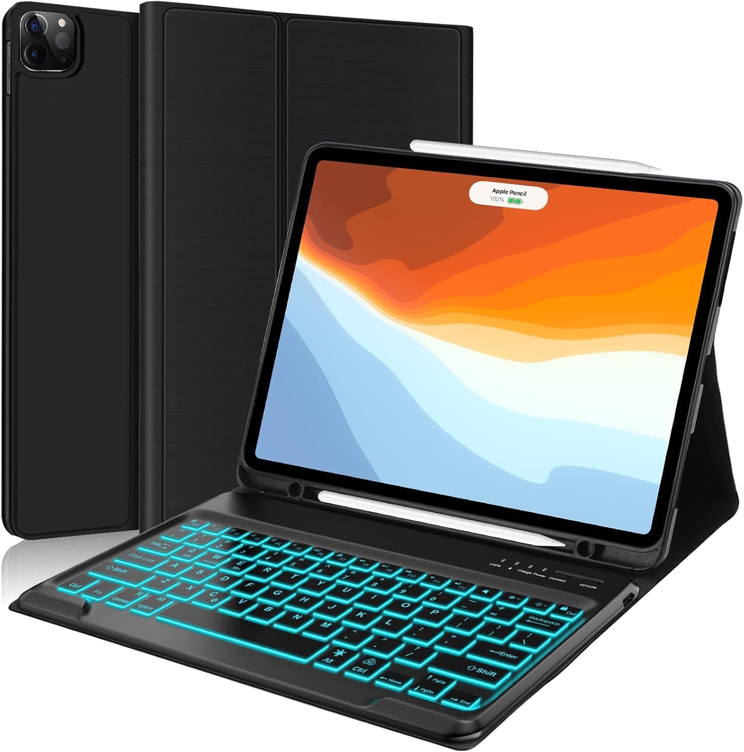 Keyboard Case for iPad Pro 12.9 2022 6th Gen/2021 5th Gen Thin & Light, 7 Color Backlit Wireless Keyboard, Slim Protective Folio with Apple Pencil Holder for iPad Pro 4th&3rd Gen 12.9inch (Black)