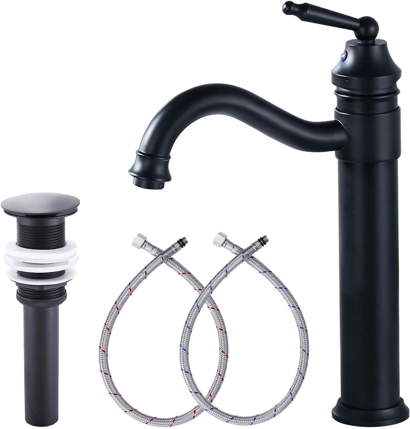 Black Bathroom Faucet Farmhouse GGStudy Single Handle One Hole Bathroom Vessel Sink Faucet Tall Body with Pop Up Drain